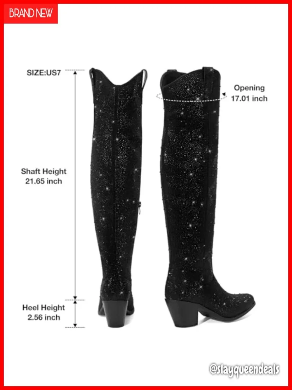 Rhinestone Over the Knee Cowboy Boots Pointed Toe Block Heel